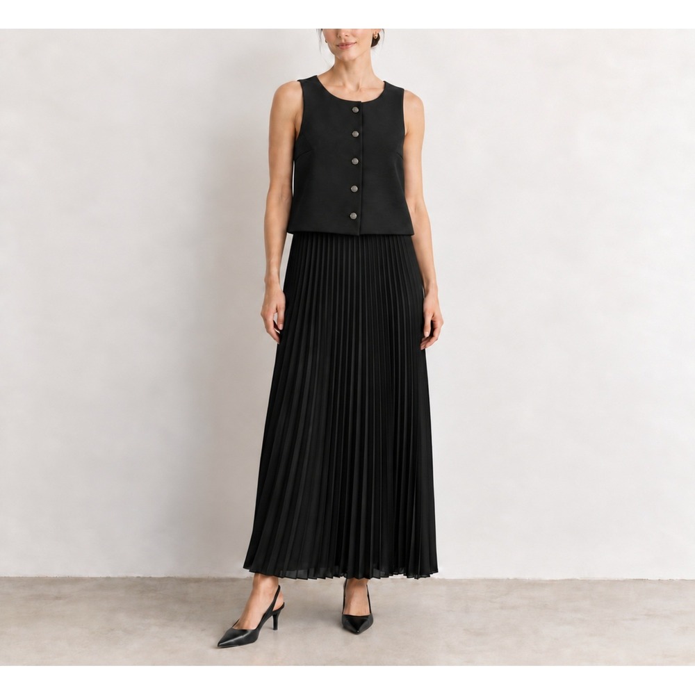 Zara Black Sleeveless Button Front Pleated Midi Dress Womens Medium